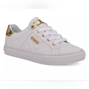❤️ NWT! GUESS LOVEN LACE UP VEGAN LEATHER SNEAKERS, QUILTED WHITE, GOLD, 10